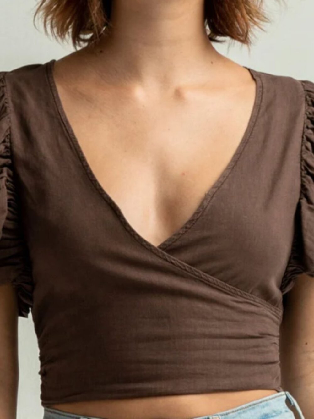 Free people " Cant Get Enough" brown cropped top with puff short sleeves